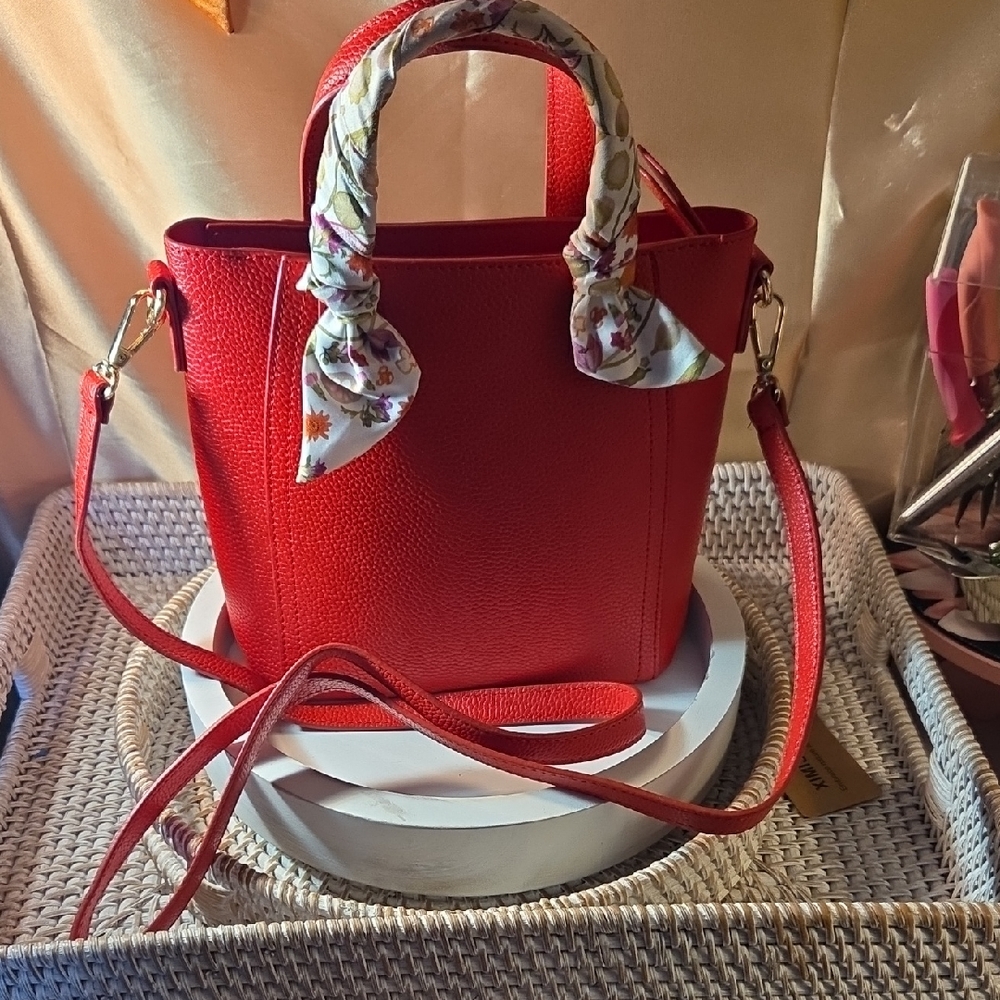 Estee Lauder Red Mini Bag with Floral Scarf Handles